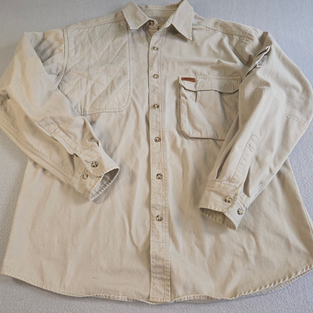 Woolrich Shooting Shirt Mens L Khaki Quilted Shoulder Patch Outdoor Guide 5541WT